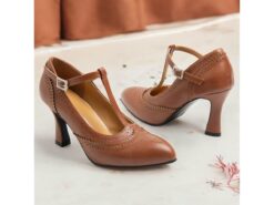 Women's Vintage Brown T-Strap Heels with Brogue Detailing - Perfect for Office, Parties, and Formal Events 2025 - TheIslandCowGirl