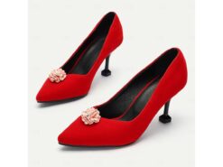 Women's Elegant Red Suede Slip-On Pumps with Floral Embellishment Red Suede Kitten Heels, Pointed Toe Stilettos, Wedding Shoes, Party Shoes 2025 - TheIslandCowGirl