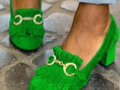 Women's Vintage Green Suede Loafers with Gold Buckle and Fringe Detailing - Block Heel Shoes for Formal and Casual Occasions 2025 - TheIslandCowGirl