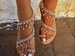Women's Pearl-Embellished Bohemian Flat Sandals with Toe Loop - Elegant Summer Beach Wedding Shoes 2025 - TheIslandCowGirl