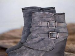 Women's Faux Suede Wedge Ankle Boots with Double Buckle and Side Zipper – Casual and Stylish Footwear 2025 - TheIslandCowGirl