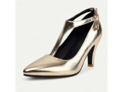 Women's 1980s Elegant Metallic Silver T-Strap Heels with Pointed Toe and Buckle Detail – Perfect for Evening Parties or Formal Events 2025 - TheIslandCowGirl