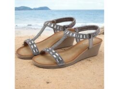 Women's Rose Gold Wedge Sandals with Rhinestone Embellishments and Elastic Strap, Comfortable Summer Shoes for Casual and Formal Occasions 2025 - TheIslandCowGirl