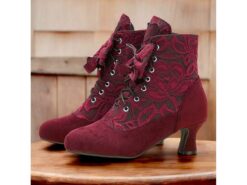 Women's Burgundy Victorian Lace-Up Ankle Boots with Floral Lace Design and Mid-Heel – Elegant Retro Style for Formal and Casual Occasions 2025 - TheIslandCowGirl