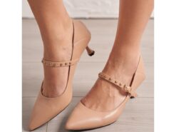 Women's Nude Kitten Heel Pumps with Ankle Strap and Studs – Elegant Pointed Toe Dress Shoes for Office and Formal Occasions 2025 - TheIslandCowGirl