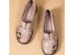 Women's Comfortable Almond Faux Leather Slip-On Shoes with Floral Print and Leaf Bow Accents for Casual and Everyday Wear 2025 - TheIslandCowGirl