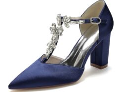Women's Wedding Shoes Pumps Bridal Shoes Rhinestone Chunky Heel Pointed Toe Luxurious Satin Buckle T-Strap Wine Black White 2025 - TheIslandCowGirl