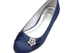 Women's Navy Blue Satin Ballet Flats with Rhinestone Embellishment - Elegant Wedding and Evening Shoes 2025 - TheIslandCowGirl