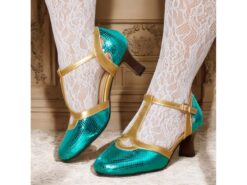 Women's Green and Gold T-Strap Shoes with Snakeskin Pattern Mid Heel and Vintage Style for Ballroom Performances and Formal Events 2025 - TheIslandCowGirl