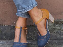 Women's Blue and Yellow Two-Tone T-Strap Heeled Shoes for Vintage and Casual Wear 2025 - TheIslandCowGirl