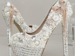 Women's White Rhinestone and Pearl Embellished Platform Stiletto Heels with Bow Accent – Luxury Bridal Wedding Shoes 2025 - TheIslandCowGirl