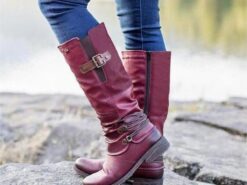 Women's Vintage Red Knee-High Faux Leather Boots with Buckle Accents - Perfect for Outdoor Adventures, Casual Outings, and Fall Fashion 2025 - TheIslandCowGirl