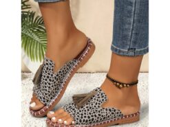 Women's Leopord Slide Sandals with Tassel Detail, Casual Faux Leather Slip-On Shoes for Summer Beach and Everyday Wear 2025 - TheIslandCowGirl