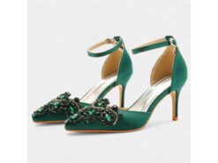 Women's Green Satin Stiletto Heels with Rhinestone Embellishments – Elegant Ankle Strap Wedding and Party Shoes for Special Occasions 2025 - TheIslandCowGirl