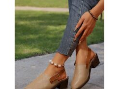 Women's Almond Perforated Slingback Sandals with Block Heel and Buckle Strap - Comfortable and Stylish Shoes for Work and Casual Outings 2025 - TheIslandCowGirl