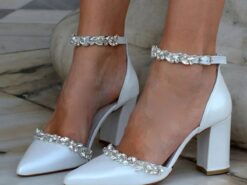 Women's White Block Heel Wedding Shoes – Pointed Toe with Rhinestone Embellished Ankle Straps, Elegant Bridal Footwear for Special Occasions 2025 - TheIslandCowGirl