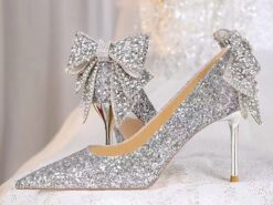 Wedding Shoes for Bride Bridesmaid Women Closed Toe Pointed Toe Silver PU Pumps With Glitter Bowknot Stiletto High Heel Wedding Party Valentine's Day - TheIslandCowGirl