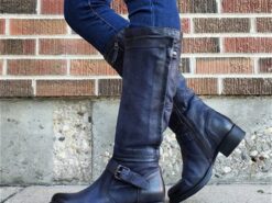 Women's Black Faux Leather Knee-High Boots with Buckle Strap and Low Block Heel - Stylish and Comfortable Fall and Winter Footwear 2025 - TheIslandCowGirl