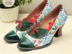 Vintage Floral Lace-Up Heels for Women - Premium Cowhide Leather Shoes for Oktoberfest and Casual Wear 2025 - TheIslandCowGirl