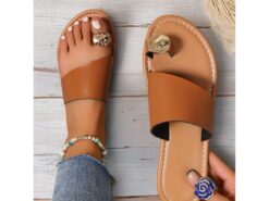 Women's Brown Slip-On Toe Ring Sandals with Gold Accent, Minimalist Flat Slides for Casual Summer and Beach Wear 2025 - TheIslandCowGirl