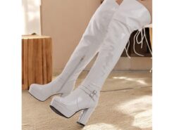 Women's Patent Faux Leather Thigh-High GoGo Platform Boots - Sleek Over-the-Knee Design with Block Heels and Buckle Detailing, Ideal for Parties and F - TheIslandCowGirl