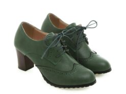 Women's Green Brogue Oxford Heels - Vintage Lace-Up Leather Shoes with Chunky Heel for Office and Casual Wear 2025 - TheIslandCowGirl
