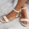 Women's White Flat Sandals – Pearl Ankle Strap with Ribbon Tie, Elegant Bridal Shoes for Weddings and Special Occasions 2025 - TheIslandCowGirl