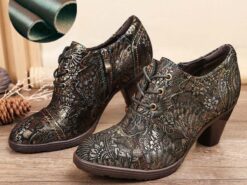 Women's Heels Pumps Plus Size Handmade Shoes Daily Floral Embroidered Zipper Flower Flat Heel Pointed Toe Vintage Casual Comfort Leather Zipper Colorf - TheIslandCowGirl