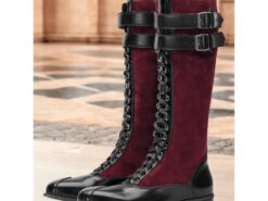 Women's Burgundy Faux Suede and Black Faux Leather Knee-High Lace-Up Boots – Vintage-Inspired Design with Double Buckle Straps, Perfect for Casual and - TheIslandCowGirl