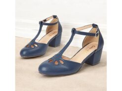 Women's Retro T-Strap Mary Jane Block Heel Pumps with Cutout Design – Elegant Navy Blue Mid Heel Sandals for Parties and Formal Occasions 2025 - TheIslandCowGirl