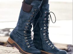 Women's Navy Suede Lace-Up Combat Boots with Side Zipper and Rugged Sole - Stylish High-Cut Boots for Winter and Outdoor Adventures 2025 - TheIslandCowGirl