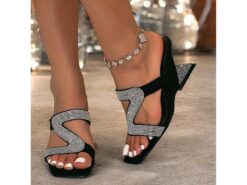 Black Rhinestone-Embellished Sandals with Sculpted Heel - Chic Evening Shoes for Women 2025 - TheIslandCowGirl