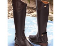 Women's Brown Leather Knee-High Riding Boots with Crocodile Pattern Accents, Stylish and Durable for Equestrian and Outdoor Wear 2025 - TheIslandCowGirl