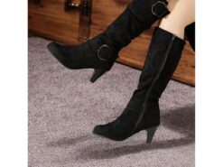 Women's Beige Suede Knee-High Boots with Buckle Detail – Stylish Mid-Heel Boots for Fall and Winter Outfits 2025 - TheIslandCowGirl