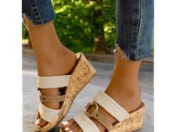 Women's Beige Wedge Sandals – Stylish Summer Slip-On Sandals with Buckle Straps for Casual & Beach Wear 2025 - TheIslandCowGirl