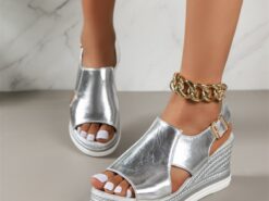 Women's Silver Metallic Open-Toe Wedge Sandals with Buckle Strap - Stylish and Comfortable for Summer Outings 2025 - TheIslandCowGirl