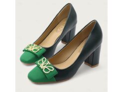Women's Green and Black Block Heel Pumps with Gold Bow – Elegant Pointed Toe Slip-On Shoes for Office and Formal Events 2025 - TheIslandCowGirl