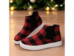Women's Red Plaid Ankle Boots with Elastic Sides – Stylish Winter Slip-On Sneakers for Casual Holiday Wear 2025 - TheIslandCowGirl