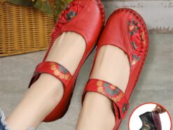 Women's Red Leather Barefoot Mary Jane Flats – Embroidered Floral Casual Comfort Shoes with Hook & Loop Straps 2025 - TheIslandCowGirl