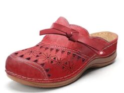 Women's Red Faux Leather Clogs – Vintage Style Slip-On Shoes with Laser-Cut Floral Design and Comfortable Cushioned Sole for Casual Everyday Wear 2025 - TheIslandCowGirl