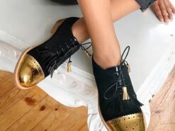 Women's Black Oxford Shoes with Gold Cap Toe, Tassel Detail, Fringe Design, and Leather Sole 2025 - TheIslandCowGirl