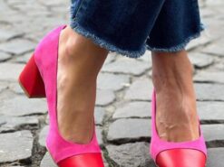 Women's Pink and Red Suede Block Heel Pumps with Color-Block Toe - Elegant Shoes for Office or Casual Wear 2025 - TheIslandCowGirl