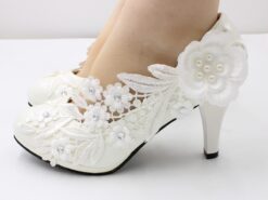 Women's White Wedding Heels – Lace Floral Embellishments with Pearl and Rhinestone Accents, Perfect for Brides and Special Occasions 2025 - TheIslandCowGirl