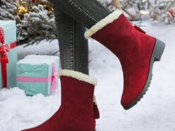 Women's Wine Red Faux Suede Fur-Lined Ankle Boots with Tassel Accent and Non-Slip Sole, Perfect for Winter Outdoor Wear and Casual Fashion 2025 - TheIslandCowGirl