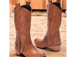 Women's Brown Faux Leather Western Cowboy Boots with Fringe Detailing for Casual Wear 2025 - TheIslandCowGirl