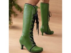 Women's Green Victorian Lace-Up Boots - Retro Mid-Calf Leather Boots with Black Lace Trim and Kitten Heel, Perfect for Cosplay, Parties, and Vintage S - TheIslandCowGirl
