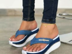 Women's Denim Wedge Flip-Flop Sandals – Stylish Casual Beachwear with Comfort Sole and Metal Accent 2025 - TheIslandCowGirl