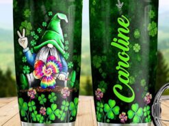 St Patricks Day Tumbler, Custom Name Hippie Gnome Travel Mug Lucky Gift For Patrick Day Stainless Steel Tumbler