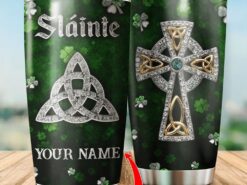 St Patricks Day Tumbler, Custom Name Irish Celtic Cross Lucky Clover Happy Saint Patricks Day Gift Stainless Steel Tumbler